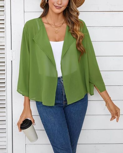 olrain Women Summer Tops 3/4 Chiffon Kimono Cardigans Short Shrugs Cusual Loose Open Front Bolero Cape Cover Up in Kuwait