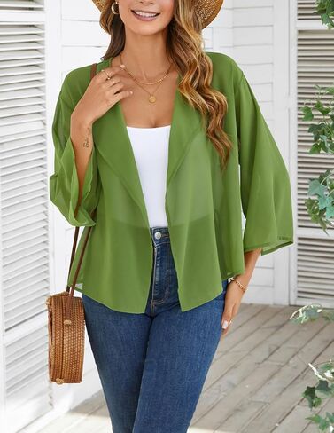 olrain Women Summer Tops 3/4 Chiffon Kimono Cardigans Short Shrugs Cusual Loose Open Front Bolero Cape Cover Up in Kuwait