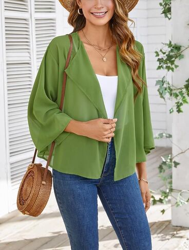 olrain Women Summer Tops 3/4 Chiffon Kimono Cardigans Short Shrugs Cusual Loose Open Front Bolero Cape Cover Up in Kuwait