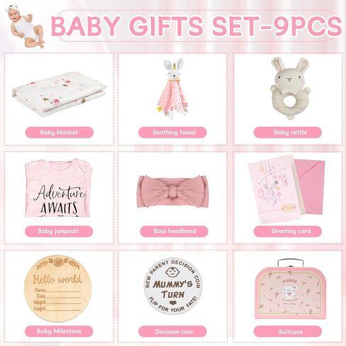 Baby Gift Set Baby Shower Gifts Basket for Newborns 11PCS New Born Baby Gift Set with Baby Blanket Rattle, Milestone Security Blanket Decision Coin & Towels Socks Essentials for Baby Girls Boys in Saudi Arabia
