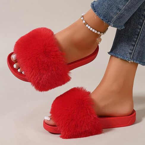 Women's Faux Fur Slippers,Open Toe Sandals,Indoor and Outdoor Non-slip Slippers,Furry Slippers Fur Slippers in Saudi Arabia