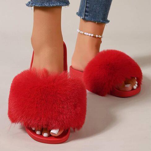 Women's Faux Fur Slippers,Open Toe Sandals,Indoor and Outdoor Non-slip Slippers,Furry Slippers Fur Slippers in Saudi Arabia