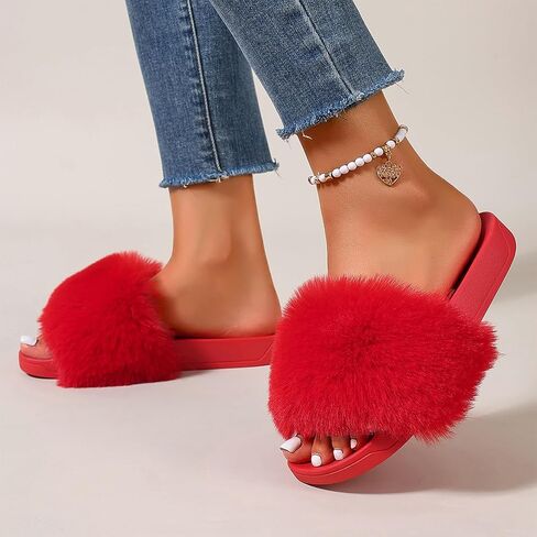 Women's Faux Fur Slippers,Open Toe Sandals,Indoor and Outdoor Non-slip Slippers,Furry Slippers Fur Slippers in Saudi Arabia