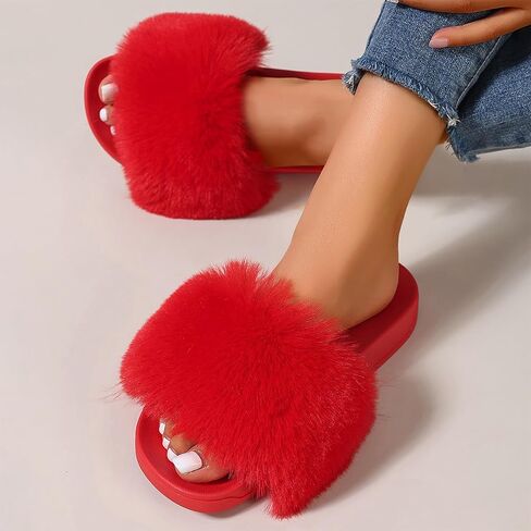Women's Faux Fur Slippers,Open Toe Sandals,Indoor and Outdoor Non-slip Slippers,Furry Slippers Fur Slippers in Saudi Arabia