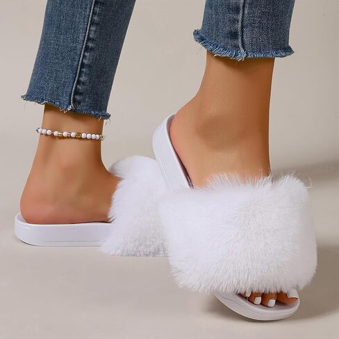Ladies Fluffy Slippers Faux Fur Soft Slippers Stylish Open Toe Girls Sandals Outdoor Indoor Furry Comfortable in Kuwait