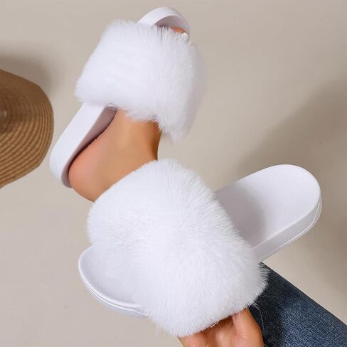 Ladies Fluffy Slippers Faux Fur Soft Slippers Stylish Open Toe Girls Sandals Outdoor Indoor Furry Comfortable in Kuwait