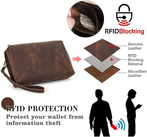 Top Grain Genuine Leather Clutch Wallet with Wristlet for Man & Woman, Handmade Simple Retro Vintage Design, Multi Pockets & Card Slots, RFID Large Capacity for Cards/ID/Checks/Banknote/Phone, Coffee in Saudi Arabia