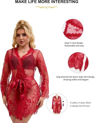 ohyeah Women Kimono Sheer Mesh Robe Sexy Eyelash Lace Long Sleeve Short Nightgown Cover Up With Thong Tulle Robe Set in Saudi Arabia