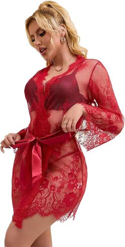 ohyeah Women Kimono Sheer Mesh Robe Sexy Eyelash Lace Long Sleeve Short Nightgown Cover Up With Thong Tulle Robe Set in Saudi Arabia