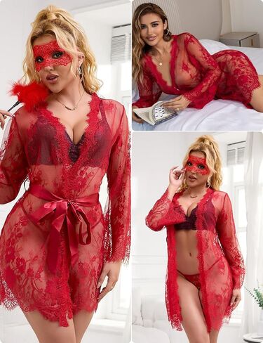 ohyeah Women Kimono Sheer Mesh Robe Sexy Eyelash Lace Long Sleeve Short Nightgown Cover Up With Thong Tulle Robe Set in Saudi Arabia