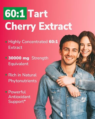 Tart Cherry Capsules, 500 mg Extract, Concentrated 60:1 Extract, 30000 mg Strength, Montmorency Tart Cherries, Uric Acid Balance, Muscle, Sleep Support, Non-GMO, 60 Vegan Capsules in Saudi Arabia
