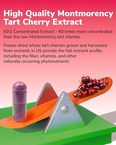 Tart Cherry Capsules, 500 mg Extract, Concentrated 60:1 Extract, 30000 mg Strength, Montmorency Tart Cherries, Uric Acid Balance, Muscle, Sleep Support, Non-GMO, 60 Vegan Capsules in Saudi Arabia