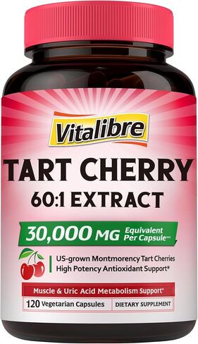 Tart Cherry Capsules, 500 mg Extract, Concentrated 60:1 Extract, 30000 mg Strength, Montmorency Tart Cherries, Uric Acid Balance, Muscle, Sleep Support, Non-GMO, 60 Vegan Capsules in Saudi Arabia
