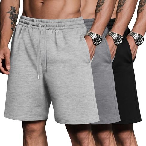 Riyiper 3 Pack Men's Bermuda Athletic Shorts Cotton Casual High Waist Shorts with Pockets Drawstring Knee Length Shorts in Saudi Arabia