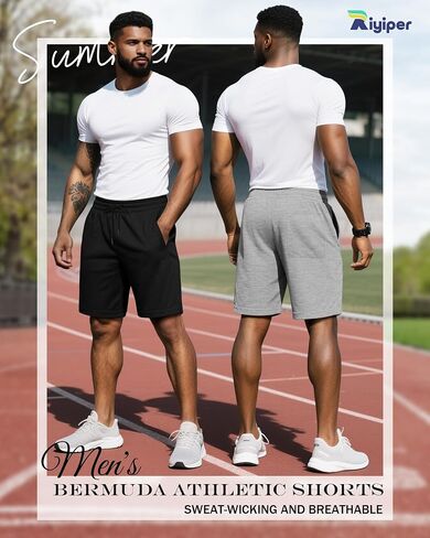 Riyiper 3 Pack Men's Bermuda Athletic Shorts Cotton Casual High Waist Shorts with Pockets Drawstring Knee Length Shorts in Saudi Arabia