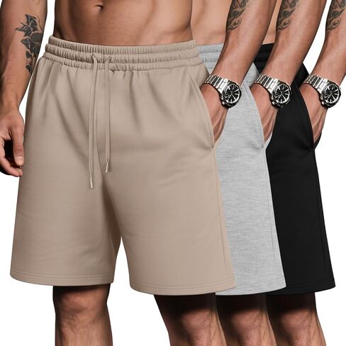 Riyiper 3 Pack Men's Bermuda Athletic Shorts Cotton Casual High Waist Shorts with Pockets Drawstring Knee Length Shorts in Saudi Arabia