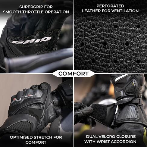 ViaTerra Grid MK3 Full Gauntlet Leather Motorcycle Gloves I CE Level 2 Carbon Fiber Knuckle Protection + Knox SPS 404 on Palm| Pinky Finger Bridge I Secure Closure with Wrist Accordion in Saudi Arabia