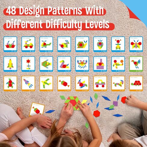 300 PCS Wooden Pattern Blocks Set for Kids with 24 Double-Sided Design Cards(48 Patterns) and Storage Bag in Gift Box,Fun Montessori Learning Toys in Kuwait