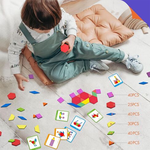 300 PCS Wooden Pattern Blocks Set for Kids with 24 Double-Sided Design Cards(48 Patterns) and Storage Bag in Gift Box,Fun Montessori Learning Toys in Kuwait