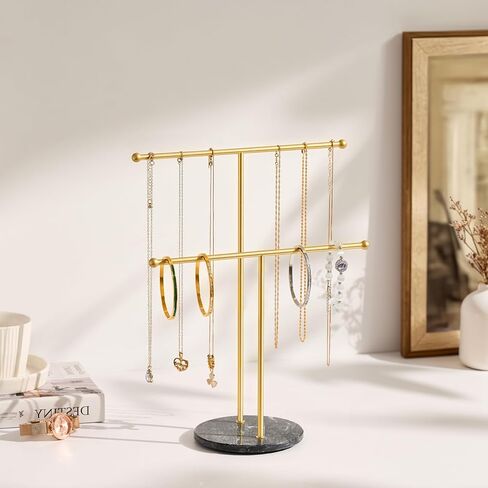 pickpiff Necklace Holder Stand: 2 Tier Jewelry Organizer with Marble Base, Gold Jewelry Tree Display for Bracelets, Rings, Earrings in Kuwait