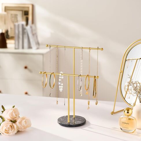 pickpiff Necklace Holder Stand: 2 Tier Jewelry Organizer with Marble Base, Gold Jewelry Tree Display for Bracelets, Rings, Earrings in Kuwait