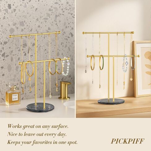 pickpiff Necklace Holder Stand: 2 Tier Jewelry Organizer with Marble Base, Gold Jewelry Tree Display for Bracelets, Rings, Earrings in Kuwait