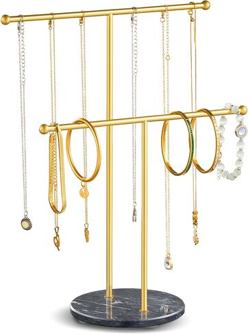pickpiff Necklace Holder Stand: 2 Tier Jewelry Organizer with Marble Base, Gold Jewelry Tree Display for Bracelets, Rings, Earrings in Kuwait