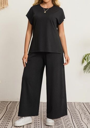 Women's Plus Size 2 قطعة صالة مجموعة الصيف كاب غلاف أعلى سروال الساق مطابقة مجموعة التعرق الملابس. in Kuwait