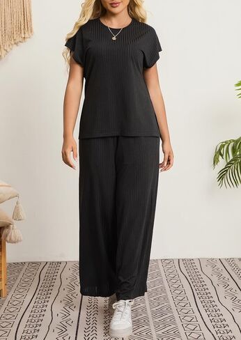 Women's Plus Size 2 قطعة صالة مجموعة الصيف كاب غلاف أعلى سروال الساق مطابقة مجموعة التعرق الملابس. in Kuwait