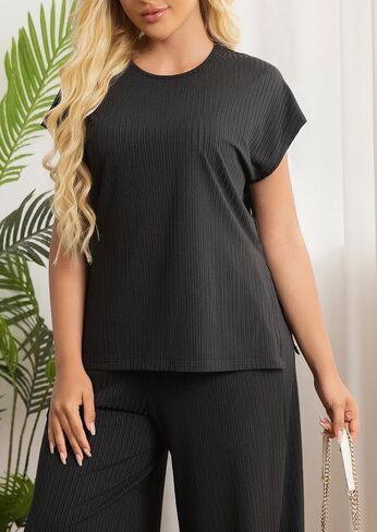 Women's Plus Size 2 قطعة صالة مجموعة الصيف كاب غلاف أعلى سروال الساق مطابقة مجموعة التعرق الملابس. in Kuwait