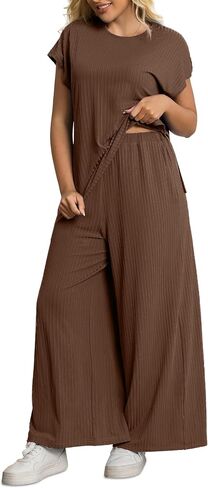 Women's Plus Size 2 قطعة صالة مجموعة الصيف كاب غلاف أعلى سروال الساق مطابقة مجموعة التعرق الملابس. in Kuwait