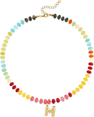 Beaded Necklaces for Women, Colorful Natural Stone Gemstone Necklace Charm Bead Initial Letter Pendant Statement Necklace Boho Summer Beach Handmade Jewelry Gift in Saudi Arabia