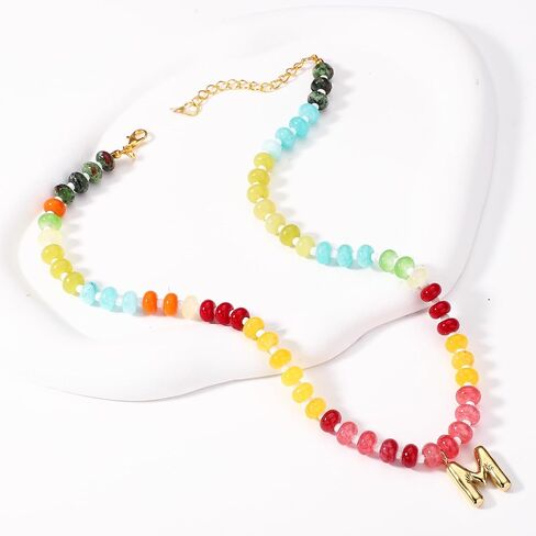 Beaded Necklaces for Women, Colorful Natural Stone Gemstone Necklace Charm Bead Initial Letter Pendant Statement Necklace Boho Summer Beach Handmade Jewelry Gift in Saudi Arabia