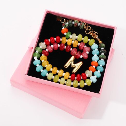Beaded Necklaces for Women, Colorful Natural Stone Gemstone Necklace Charm Bead Initial Letter Pendant Statement Necklace Boho Summer Beach Handmade Jewelry Gift in Saudi Arabia