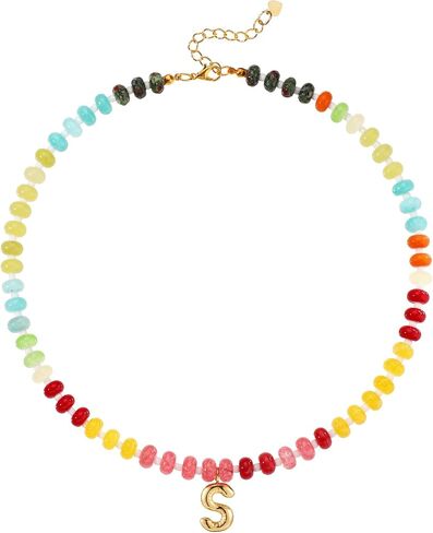 Beaded Necklaces for Women, Colorful Natural Stone Gemstone Necklace Charm Bead Initial Letter Pendant Statement Necklace Boho Summer Beach Handmade Jewelry Gift in Saudi Arabia