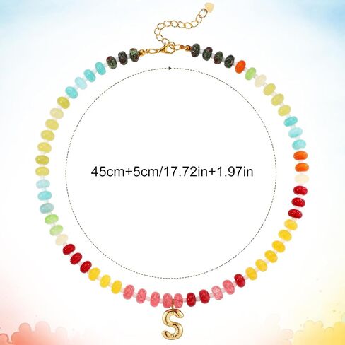 Beaded Necklaces for Women, Colorful Natural Stone Gemstone Necklace Charm Bead Initial Letter Pendant Statement Necklace Boho Summer Beach Handmade Jewelry Gift in Saudi Arabia