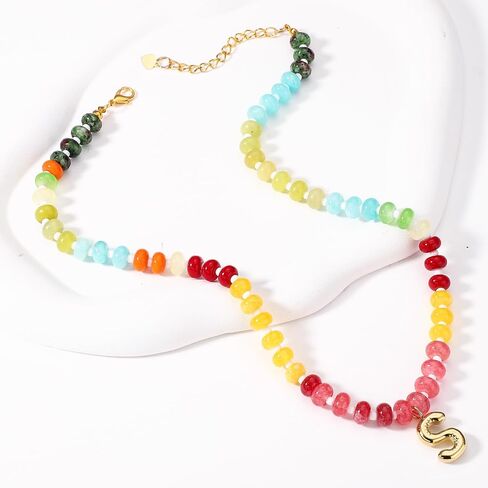 Beaded Necklaces for Women, Colorful Natural Stone Gemstone Necklace Charm Bead Initial Letter Pendant Statement Necklace Boho Summer Beach Handmade Jewelry Gift in Saudi Arabia
