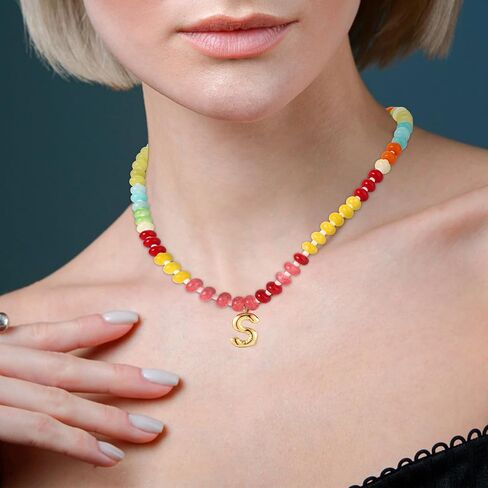 Beaded Necklaces for Women, Colorful Natural Stone Gemstone Necklace Charm Bead Initial Letter Pendant Statement Necklace Boho Summer Beach Handmade Jewelry Gift in Saudi Arabia