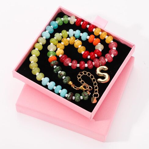 Beaded Necklaces for Women, Colorful Natural Stone Gemstone Necklace Charm Bead Initial Letter Pendant Statement Necklace Boho Summer Beach Handmade Jewelry Gift in Saudi Arabia