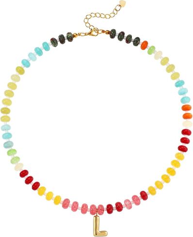 Beaded Necklaces for Women, Colorful Natural Stone Gemstone Necklace Charm Bead Initial Letter Pendant Statement Necklace Boho Summer Beach Handmade Jewelry Gift in Saudi Arabia