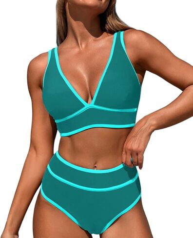 High Waisted Bikini Sets Womens Cheeky Two Piece Swimsuit V Neck Color Block Bathing Suit in Saudi Arabia
