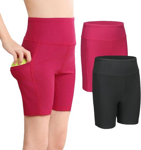 Girls 2 Pack Solid Ribbed 5" Exercise High Waisted Bike Shorts with Pockets 5-12 Years in Kuwait
