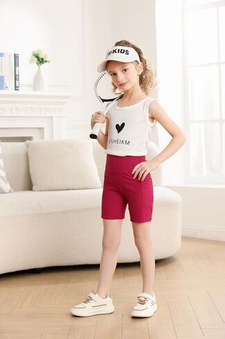 Girls 2 Pack Solid Ribbed 5" Exercise High Waisted Bike Shorts with Pockets 5-12 Years in Kuwait