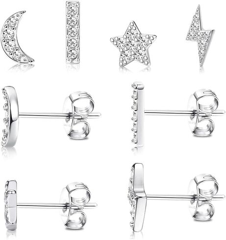 14K Gold Plated Sterling Silver Post Moon Star CZ Stud Earrings Set - Hypoallergenic, Tiny, 3 Pairs Cubic Zirconia Earrings for Women in Saudi Arabia