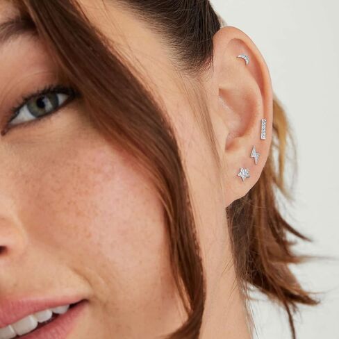 14K Gold Plated Sterling Silver Post Moon Star CZ Stud Earrings Set - Hypoallergenic, Tiny, 3 Pairs Cubic Zirconia Earrings for Women in Saudi Arabia