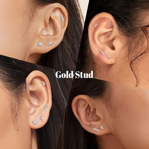 14K Gold Plated Sterling Silver Post Moon Star CZ Stud Earrings Set - Hypoallergenic, Tiny, 3 Pairs Cubic Zirconia Earrings for Women in Saudi Arabia