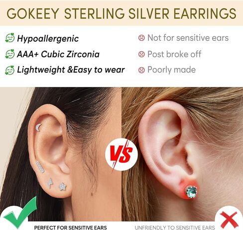 14K Gold Plated Sterling Silver Post Moon Star CZ Stud Earrings Set - Hypoallergenic, Tiny, 3 Pairs Cubic Zirconia Earrings for Women in Saudi Arabia