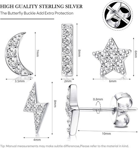 14K Gold Plated Sterling Silver Post Moon Star CZ Stud Earrings Set - Hypoallergenic, Tiny, 3 Pairs Cubic Zirconia Earrings for Women in Saudi Arabia