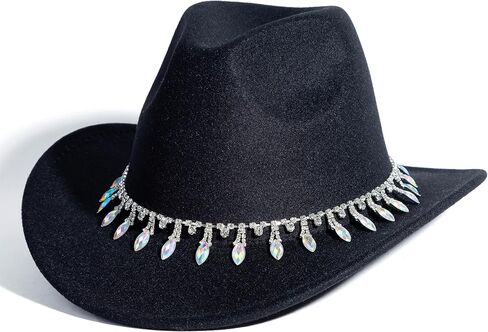 Women Rhinestone Cowboy Hat Wide Brim Felt Cowgirl Hats Shiny Party Wedding Hat in Saudi Arabia