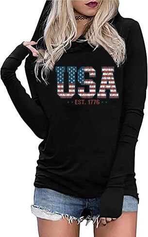 American Flag Hoodie for Women: 4th of July Shirts Patriotic Long Sleeve Memoria Day Hoodie Pullover Tops in Saudi Arabia